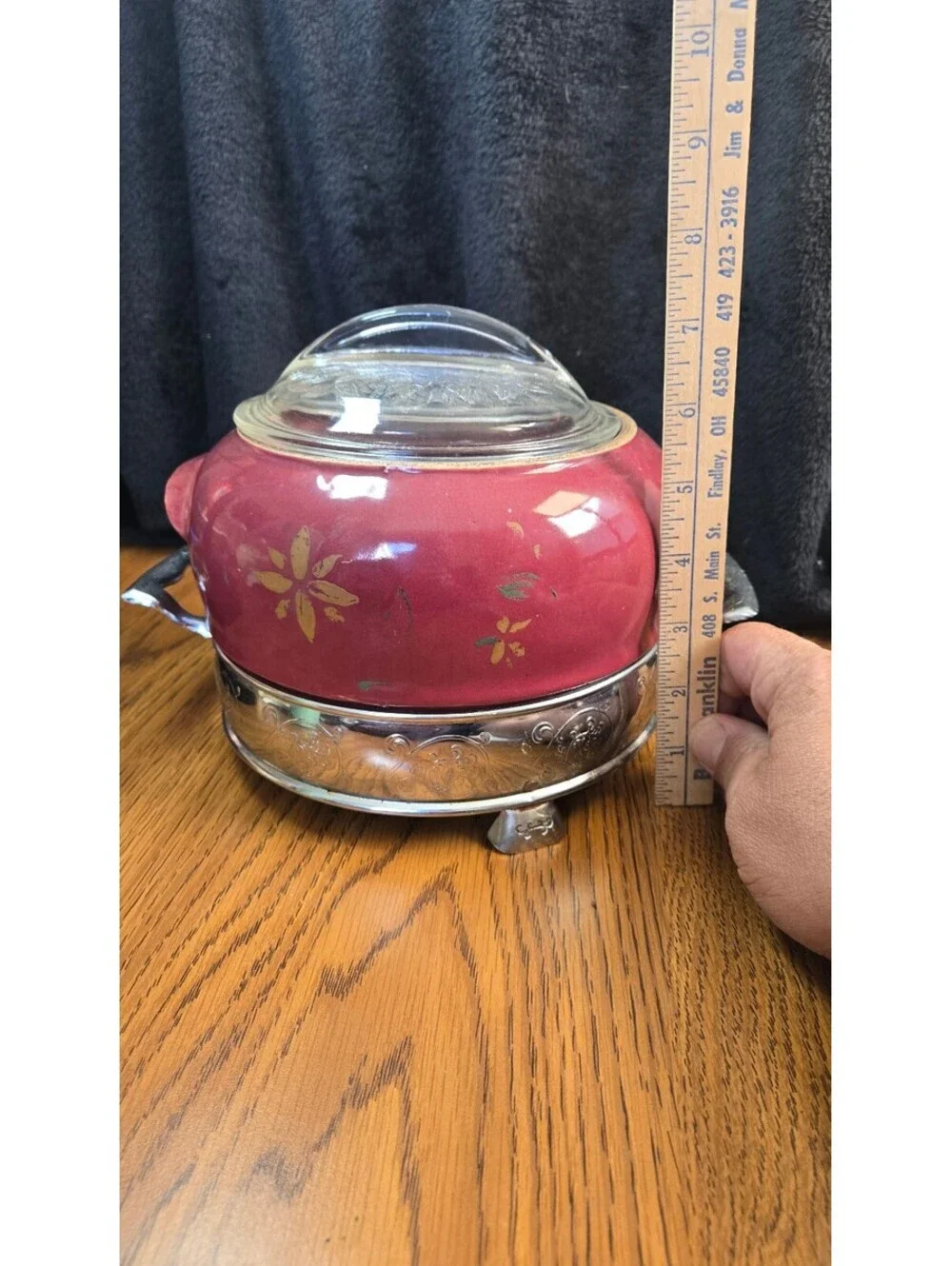 Vintage Red Ceramic and Silver Plated Chafing Dish with Glass Lid